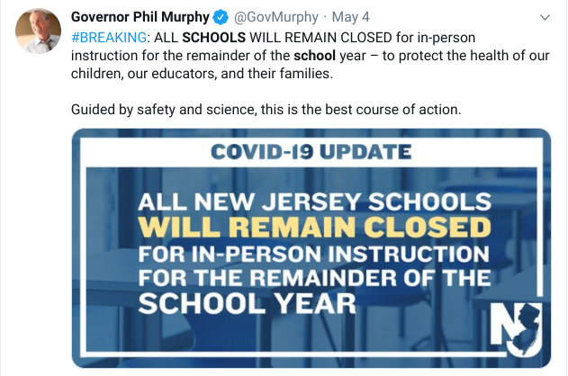 Governor Murphy announces closing of all NJ schools on Twitter.