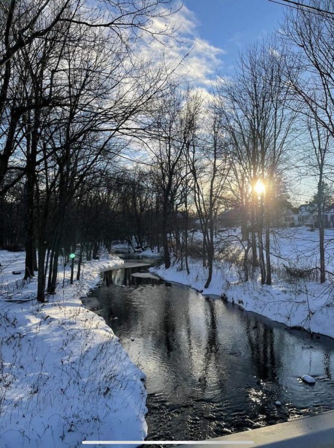 Photo taken by Gurvind Dehar of the snow covered ground and icy river during the asynchronous day. 