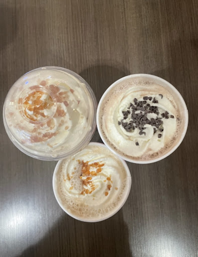 Drinks in front view;  (left to right) Tall Caramel Brulée Frappuccino,  Short Caramel Brulée Latte (middle), Tall Peppermint Mocha.