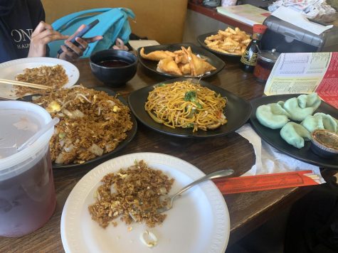 Yoans Garden offers a variety of Chinese favorites.  Pictured: egg fried rice, lo mein, crab rangoons, and vegetable dumplings.