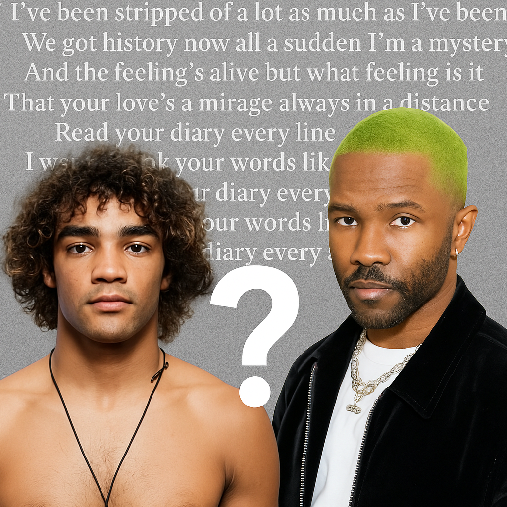 Photo illustration of Frank Ocean and Payton Talbott with lyrics from Ocean’s rumored new song