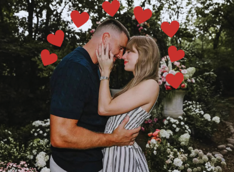 Travis Kelce and Taylor Swift share an embrace as one of the photos announcing their engagement. Photo illustration